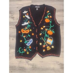 Vtg 90s Gladys Bagley Halloween Knit Grandma Ugly Sweater Vest Women's Size 2XL